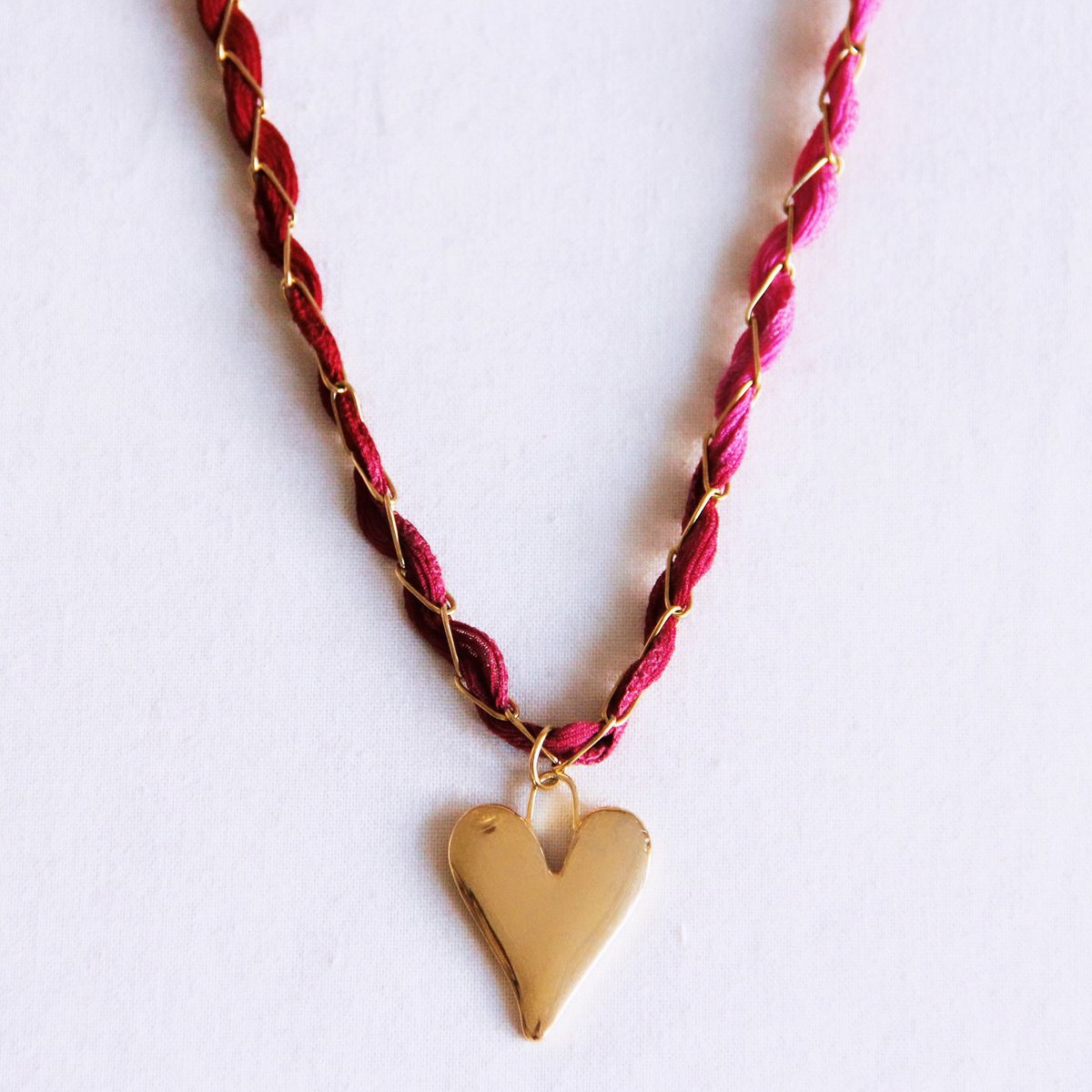 D -keten ketting met zijde en hart - paars/roze/bordeaux