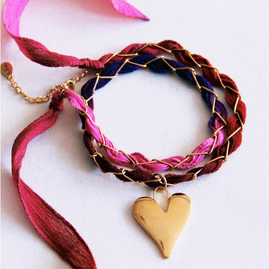 D -keten ketting met zijde en hart - paars/roze/bordeaux