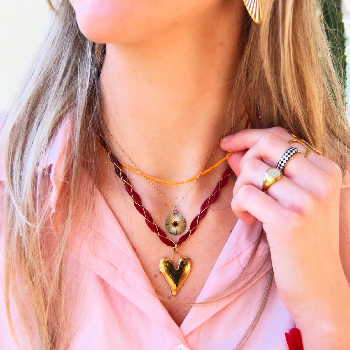D -keten ketting met zijde en hart - paars/roze/bordeaux