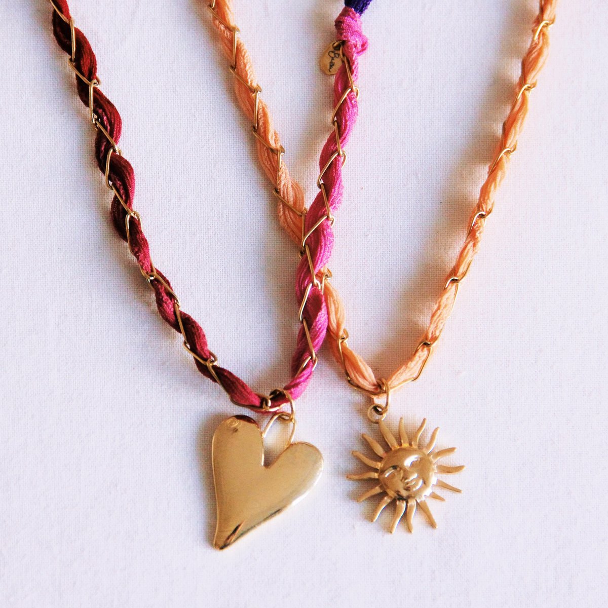 D -keten ketting met zijde en hart - paars/roze/bordeaux
