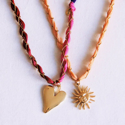 D -keten ketting met zijde en hart - paars/roze/bordeaux